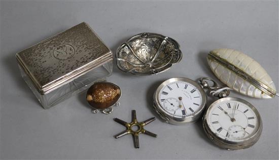 Small silver including two pocket watches, two shell boxes, a tea strainer and a lidded jar.